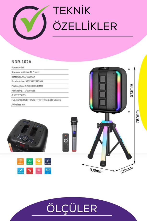 Bluetooth Hoparlör Tripod Ayaklı BT/USB/TF/FM Kablosuz Mikrofon Kumanda Led Işık Woofer Tweeter 12'' - 3