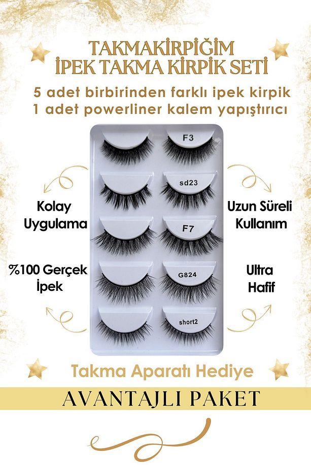 Beşli Doğal Ipek Takma Kirpik Short Mix Set Ve Powerliner Şeffaf Kalem Yapıştırıcı (APARAT HEDİYE) - 1
