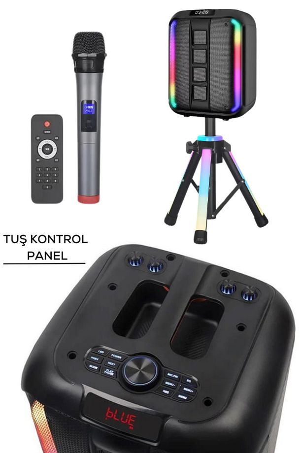 Bluetooth Hoparlör Tripod Ayaklı BT/USB/TF/FM Kablosuz Mikrofon Kumanda Led Işık Woofer Tweeter 12'' - 6