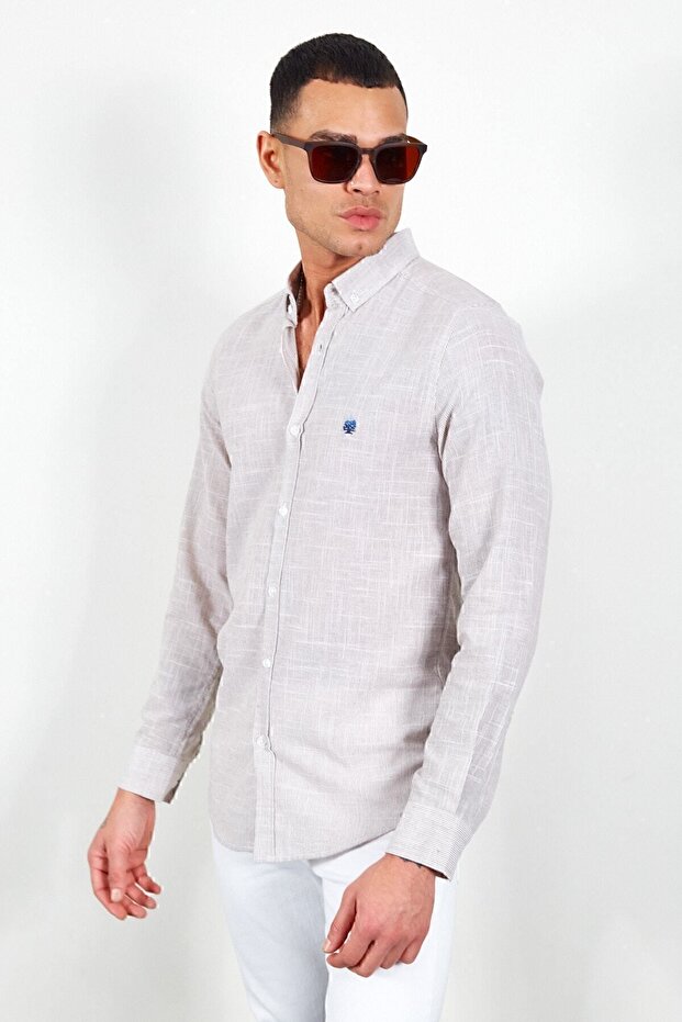 Brown Men's Embroidered Linen Effect Shirt | Mes 116488 -01