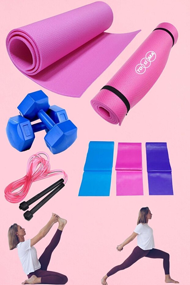 Premium Exercise Set including 7mm Pilates Mat, 3 Pilates Resistance Bands, 1kg Double Dumbbells, and Jump Rope.
