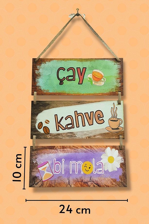 Çay Kahve Mola 3'lü Ipli Mdf Tablo Seti, Ev, Mutfak Cafe, Restoran Ahşap Duvar Süslemesi - 7