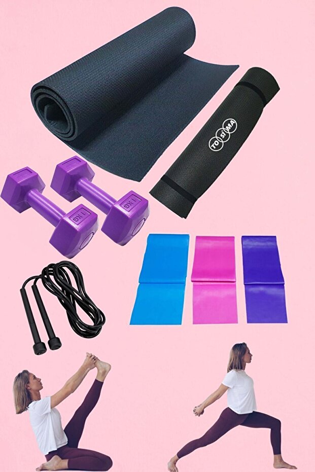 7mm Pilates Cushion 3-Piece Pilates Tire and 1 Kg Double Dumbbell and Jump Rope Premium Exercise Set