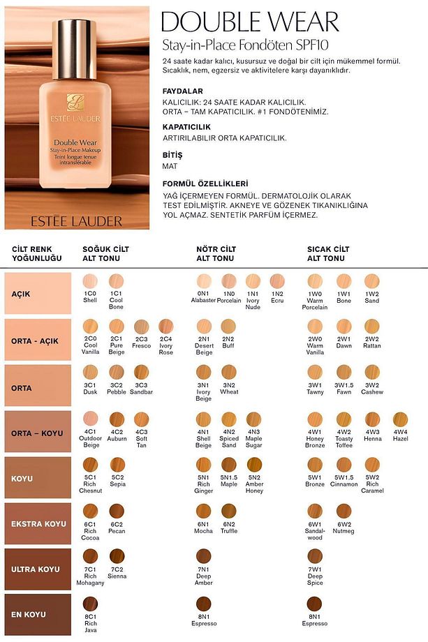 Doğal ve Mat Bitişli - Double Wear Stay-in-Place Fondöten SPF 10 ( 1N2 Ecru ) - 30 ml - 6
