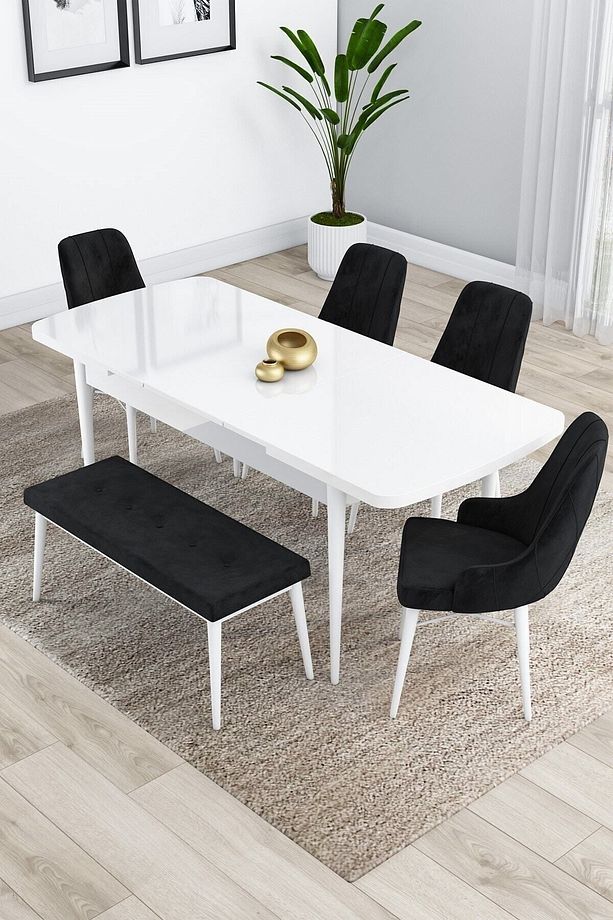 Kar Serisi Beyaz Masa 80x132 Açılabilir Mdf Mutfak Masa Takımı 4 Siyah Sandalye Ve 1 Bench - 2