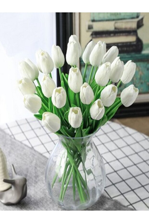 Yapay 8 Li Islak Lale Buketi Gerçeksi Doku Beyaz Tek Yaprak - 3