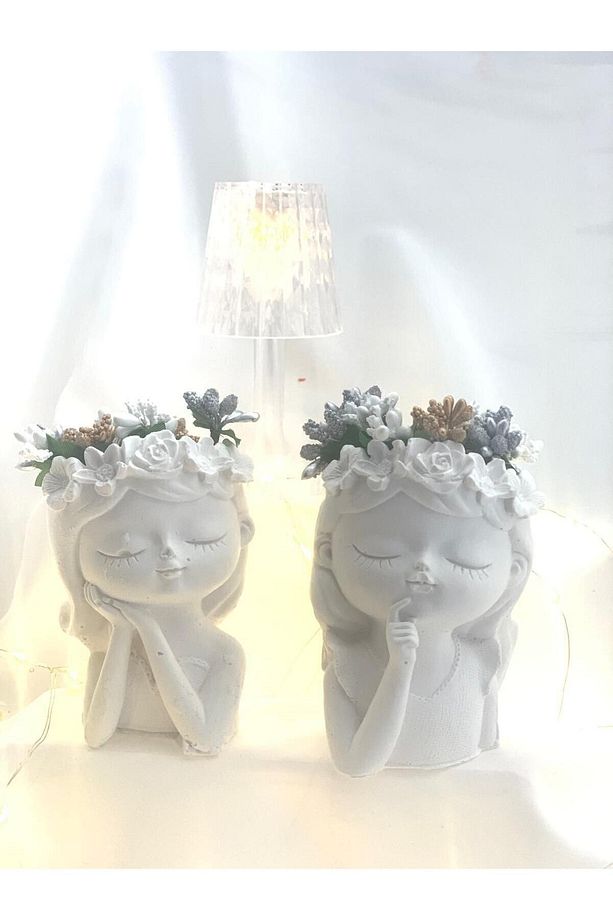 Dekoratif İkili Çiçekli Kız Kardeşler Dekoratif Vazo  (Çiçekler Dahil.) Set - 2
