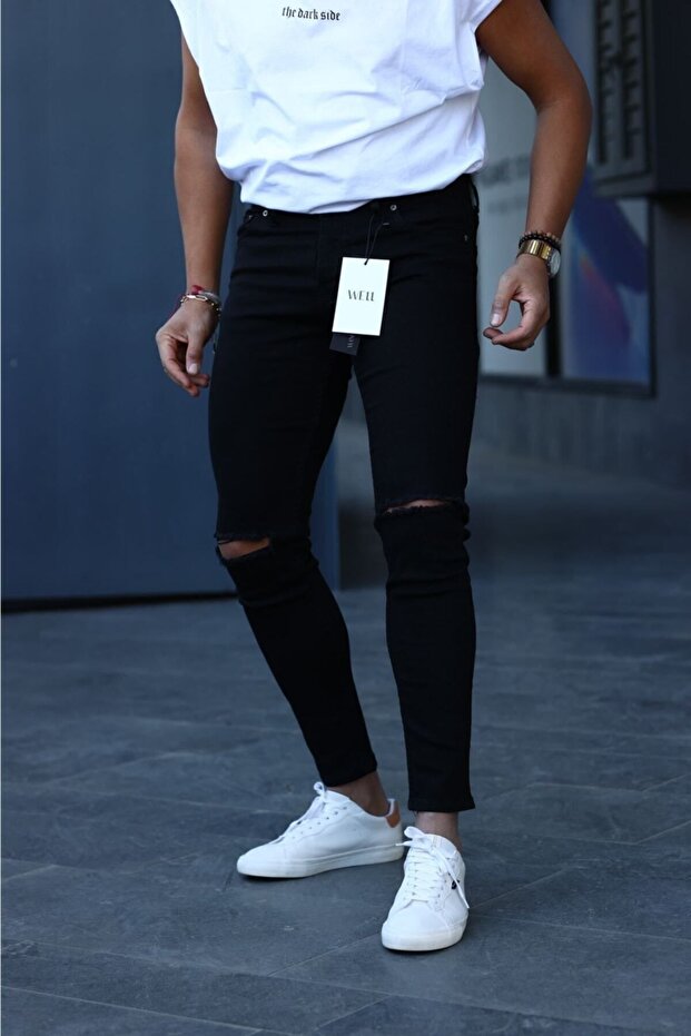 Black Knee Ripped Lycra Jeans