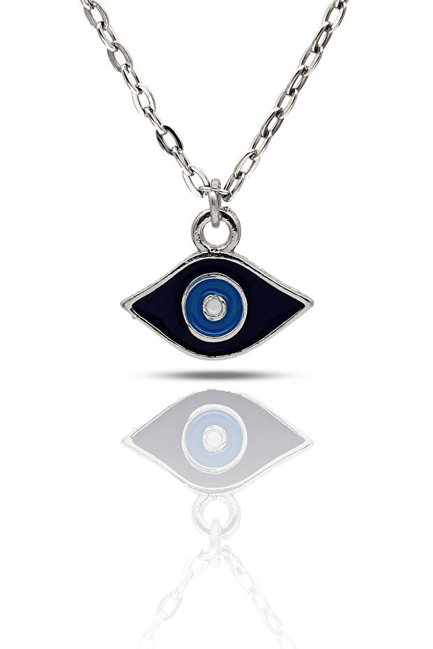 Mini Eye Necklace - Navy Blue Enameled Silver Color Classic Chain