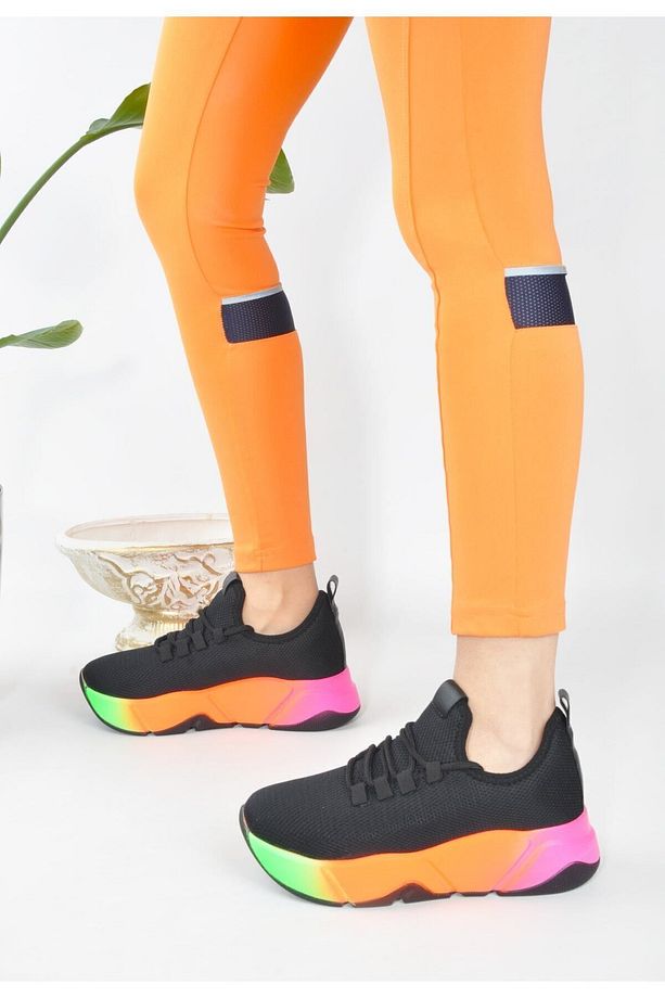 Günlük Siyah-multi Kadın Sneaker Bağcıklı Triko Esnek Hafif Ve Kalın Tabanlı Yürüyüş Spor Ayakkabı - 3