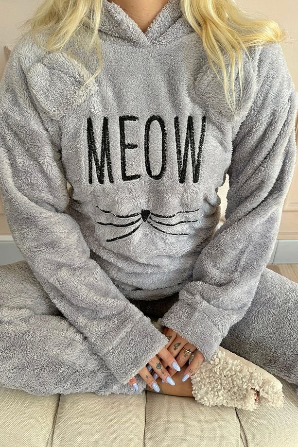 Açık Gri Meow Desenli Tam Peluş Pijama Takımı - 8