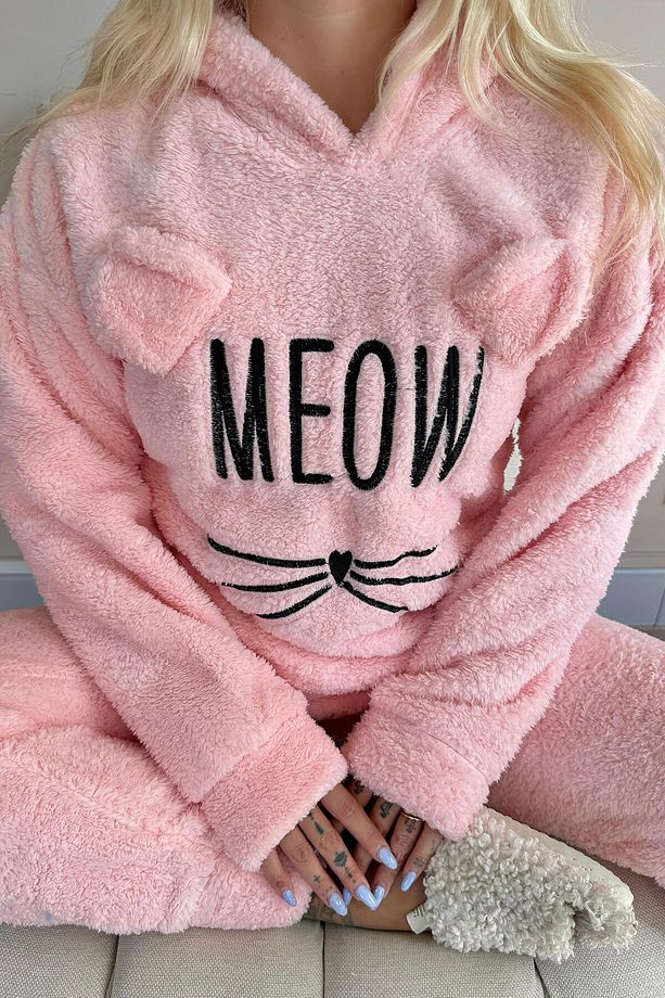Somon Meow Desenli Tam Peluş Pijama Takımı - 8