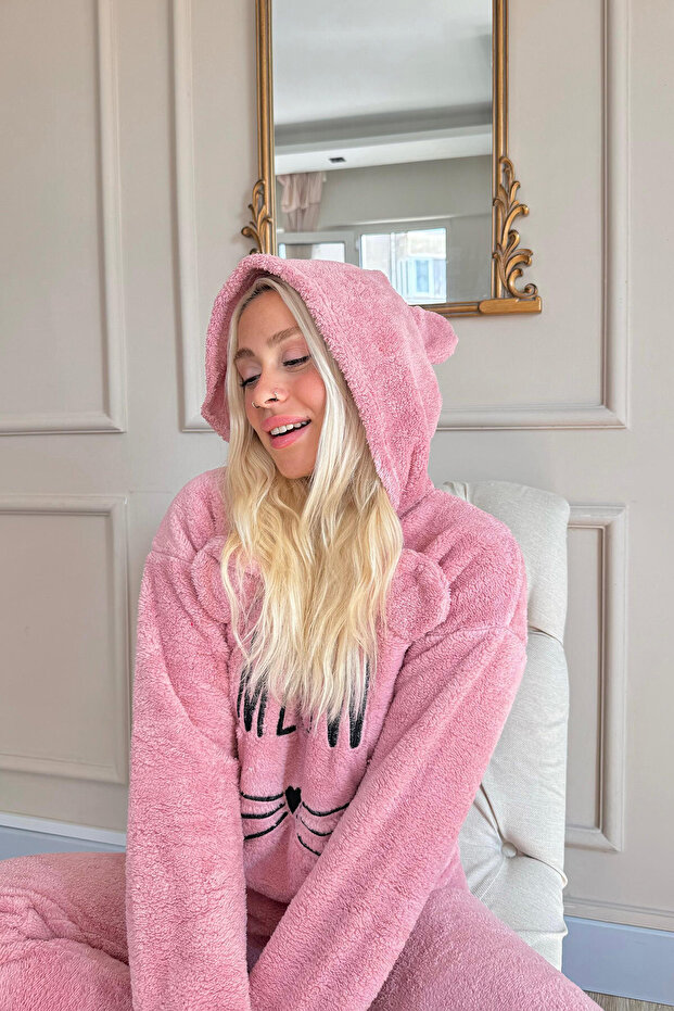 Set de pijamale de pluș de damă roz cu model Meow - 3