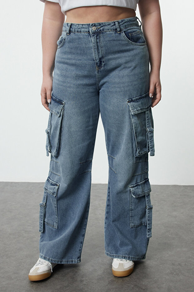 Mavi Yüksek Bel Geniş Paça Kargo Cepli Büyük Beden Wide Leg Jeans TBBSS24CJ00056 - 3