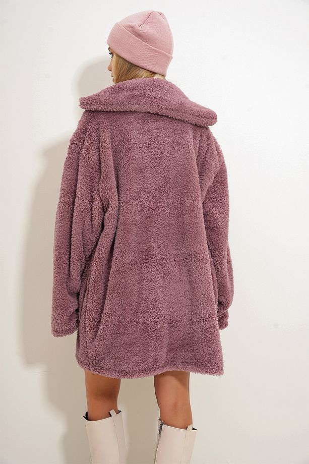 Kadın Gül Kurusu Çift Cepli Önü Düğmeli Oversize Peluş Ceket ALC-X11149 - 6