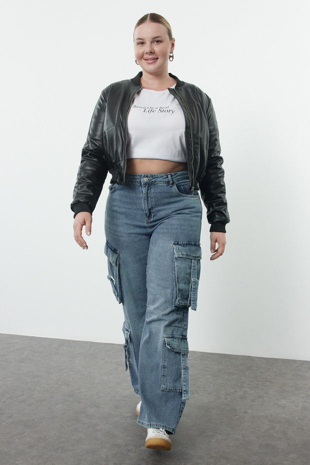 Mavi Yüksek Bel Geniş Paça Kargo Cepli Büyük Beden Wide Leg Jeans TBBSS24CJ00056 - 1