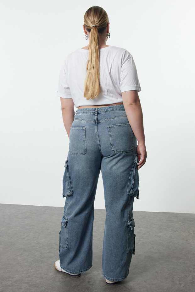 Mavi Yüksek Bel Geniş Paça Kargo Cepli Büyük Beden Wide Leg Jeans TBBSS24CJ00056 - 5