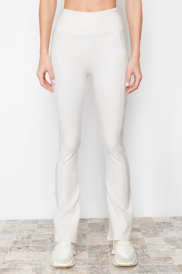 Ekru Fırçalı Soft Kumaş Reflektör Baskılı İspanyol Paça Yoga Örme Spor Tayt THMAW24TY00066 - 5
