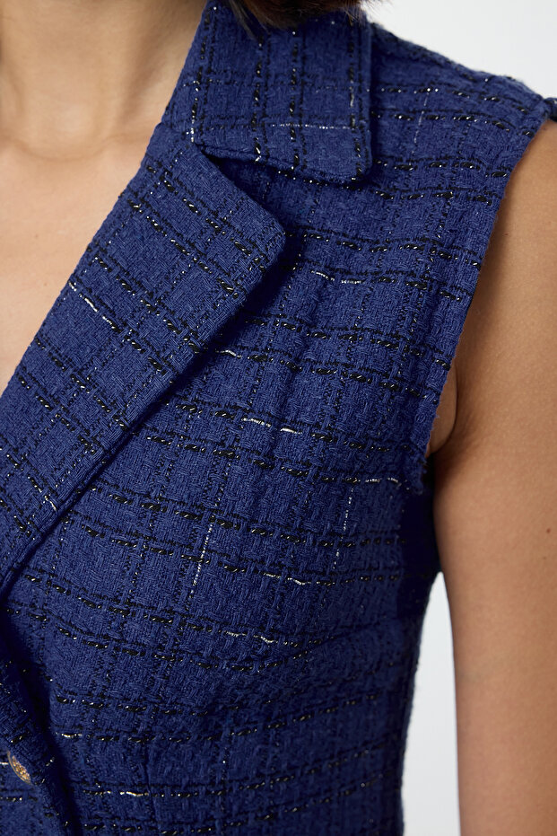 Mini tvídové tkané bundové šaty – modrý pléd, detail kostkovaného záhybu, Twoaw25el00159 - 4