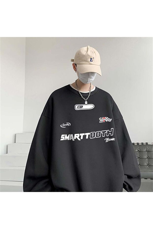 Smarttooth Printed Black Unisex Oversize Sweatshirt - Crew Neck