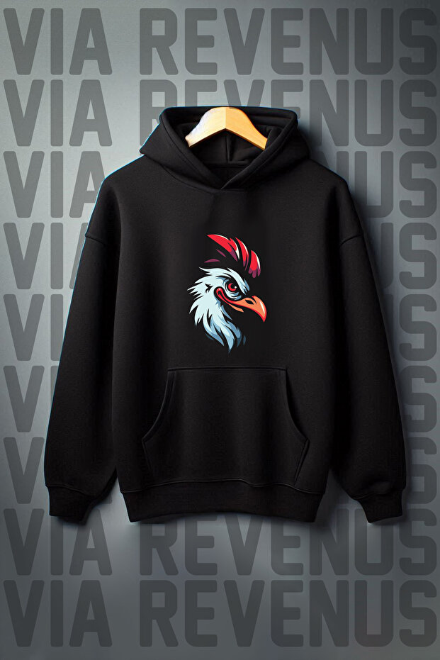 3 Thread Rooster Printed Ribbed Oversize Hooded Sweatshirt - Kangaroo Pocket