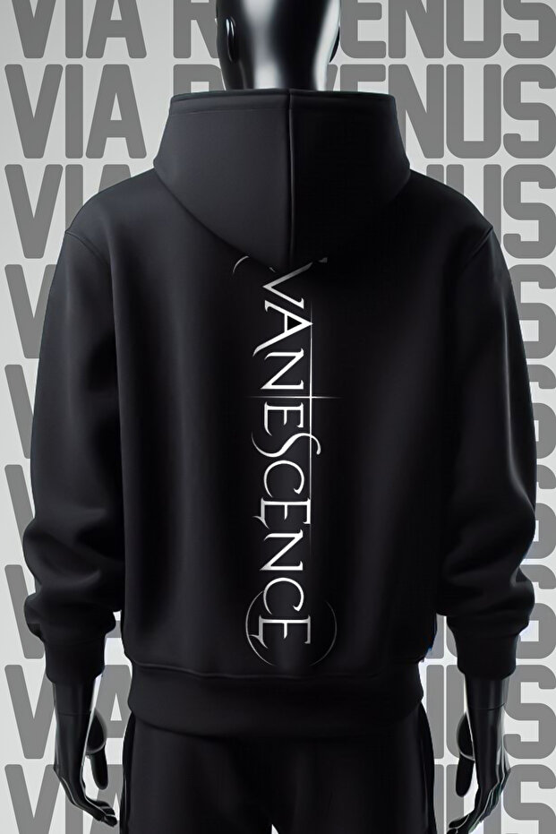 Evanescence Front and Back Printed 3 Thread Wide Pattern Black Hooded Sweatshirt