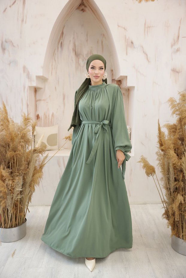 Women's Dress with Hijab Collar and Gathered Sleeves and Ribbon