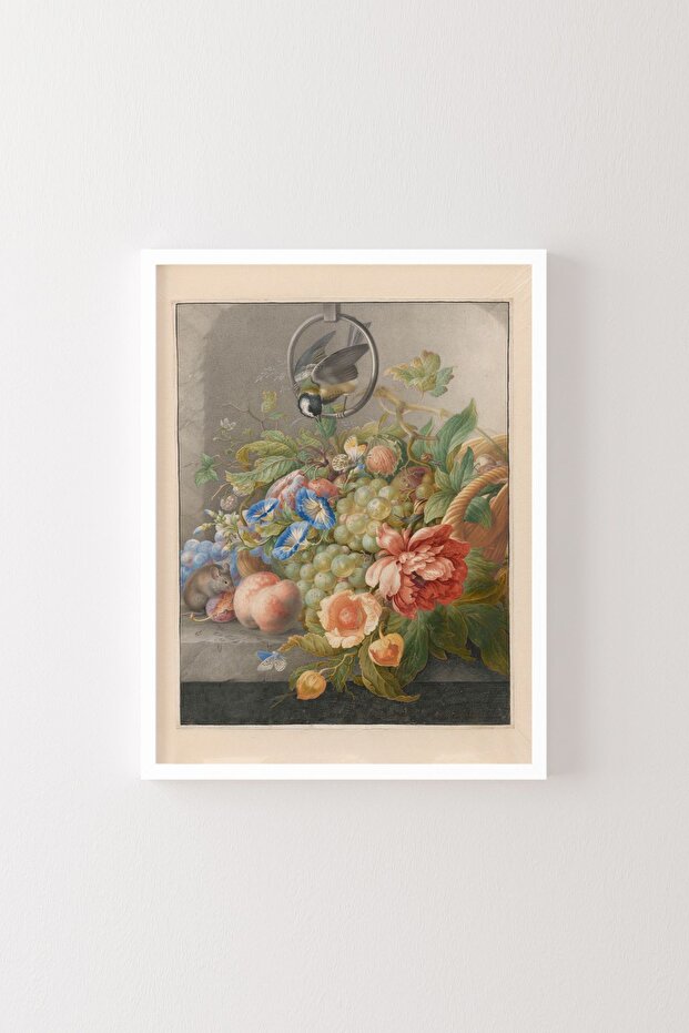 Still Life with Flowers, Fruits, a Large Tit and a Mouse - White Frame