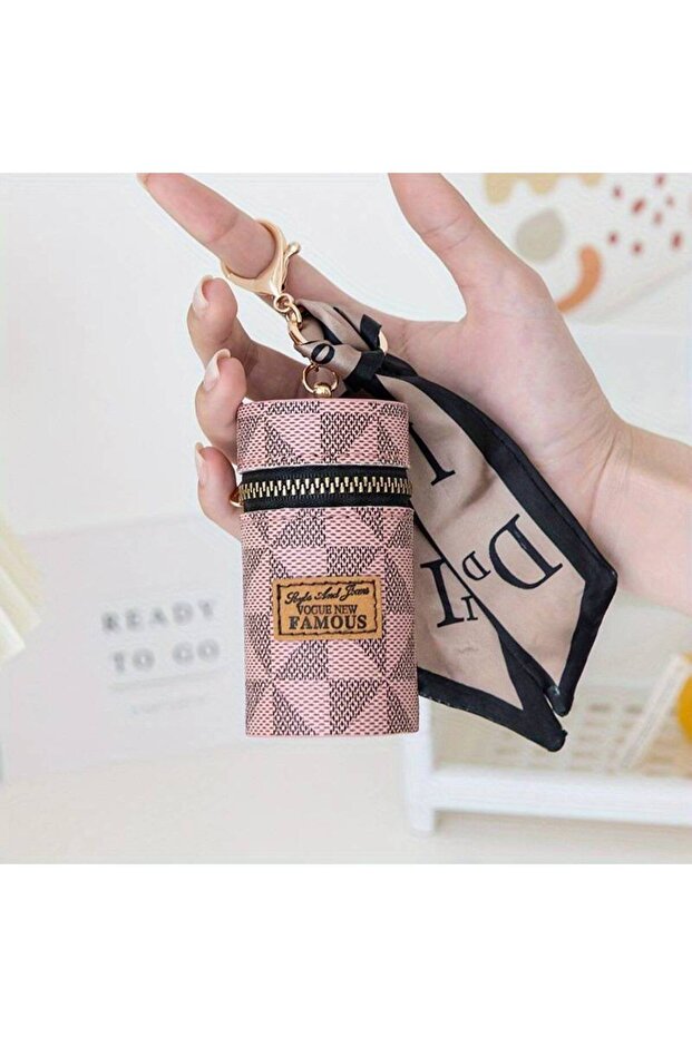 Vintage-Inspired Mini Bag with Scarf Detail - Compact Zippered Lipstick Bag