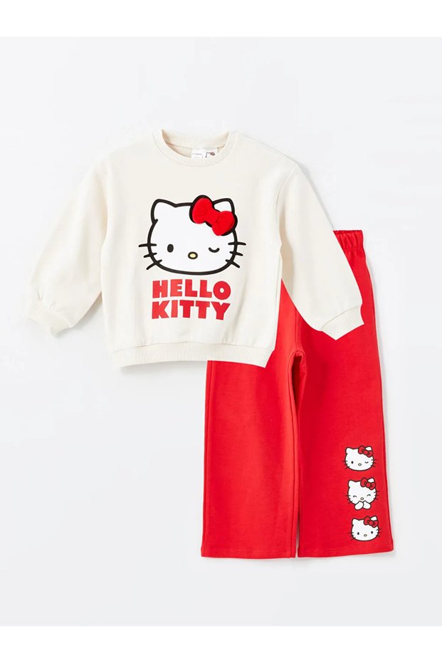 Lcw Baby Cream Color Crew Neck Hello Kitty Printed Baby Girl Sweatshirt and Pants Set of 2