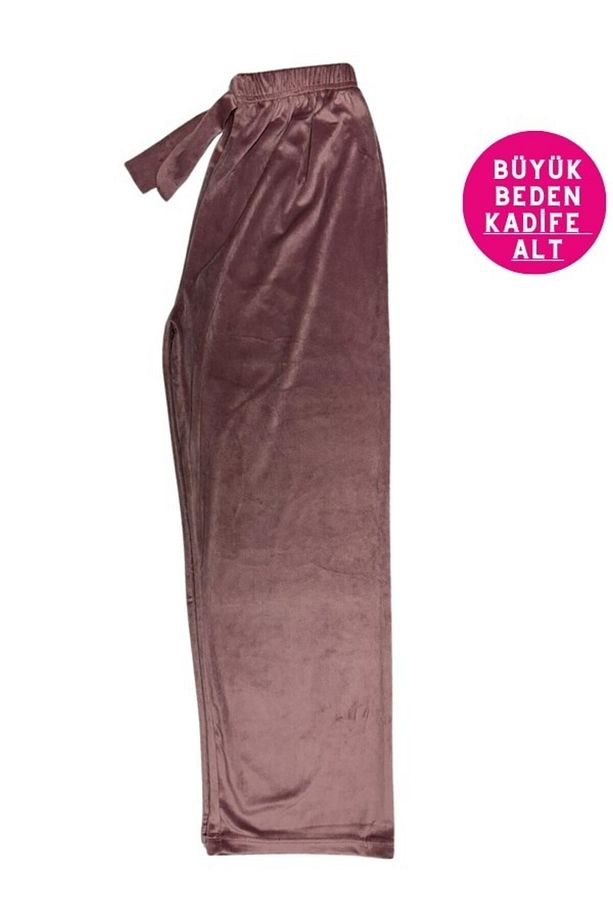 Kadın Pudra Büyük Beden Yumuşak Kadife Düz Paça Pijama Eşofman Tek Alt - 2