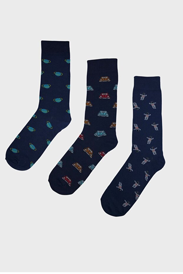 Unisex Navy Blue Planet Car Astronaut Patterned Colorful Socks 3-Piece