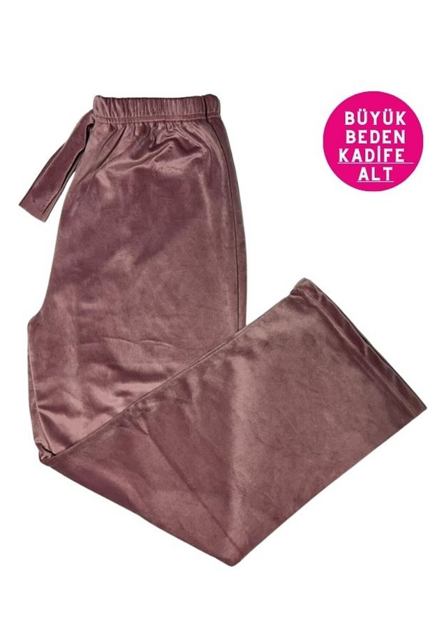 Kadın Pudra Büyük Beden Yumuşak Kadife Düz Paça Pijama Eşofman Tek Alt - 1