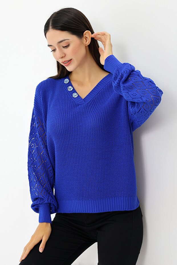 Women's V-Neck Balloon Sleeve Relaxed Fit Knit Sweater