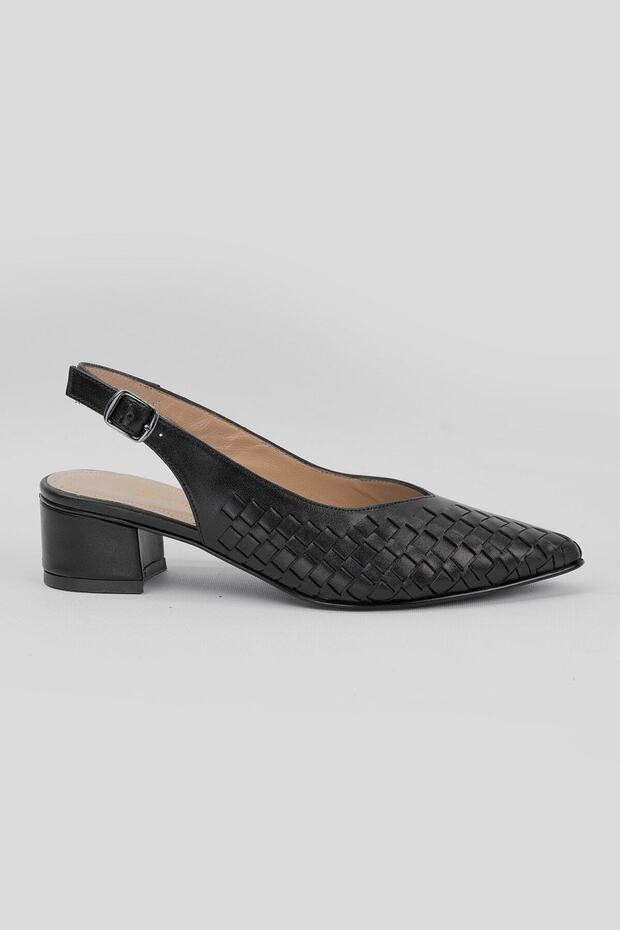 Women's Black Braided Genuine Leather Heeled Shoes, Size 35-41