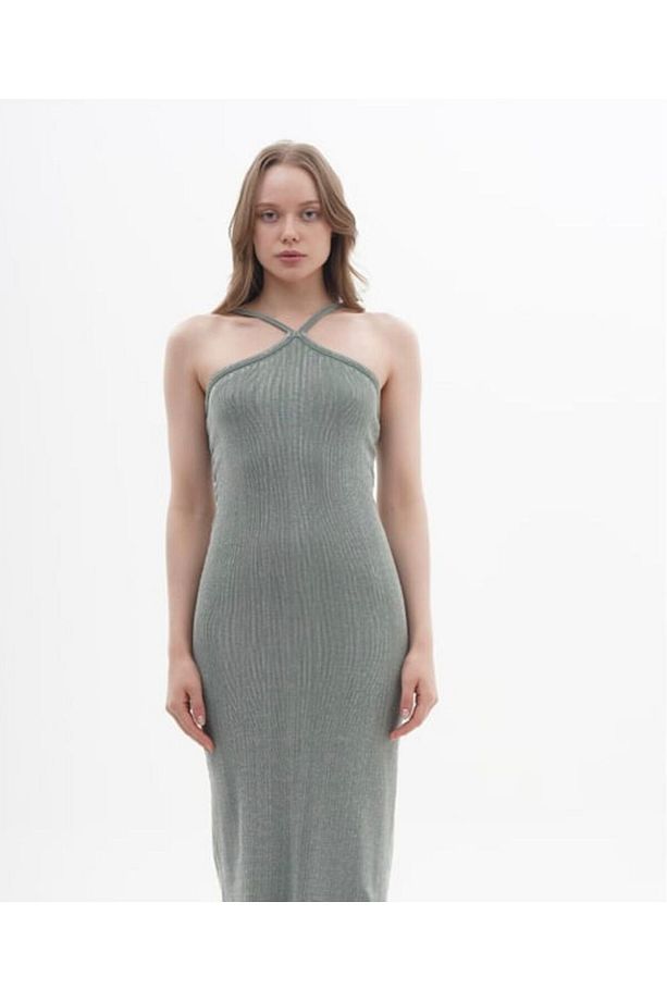 Halter Model, Haki, Eskitme Midi Elbise - 3