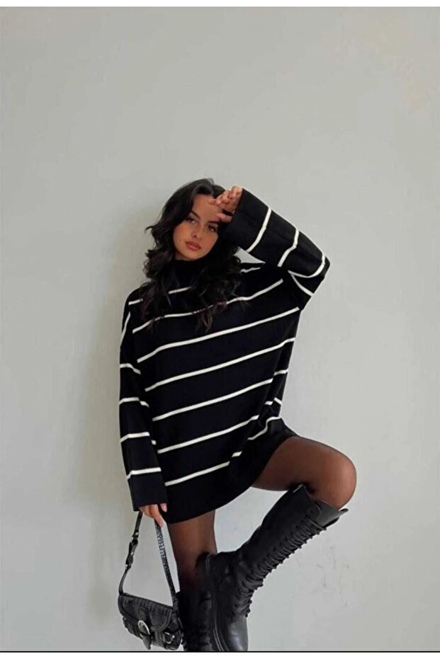 Women's Black Oversize Striped Half Turtleneck Knitwear Sweater
