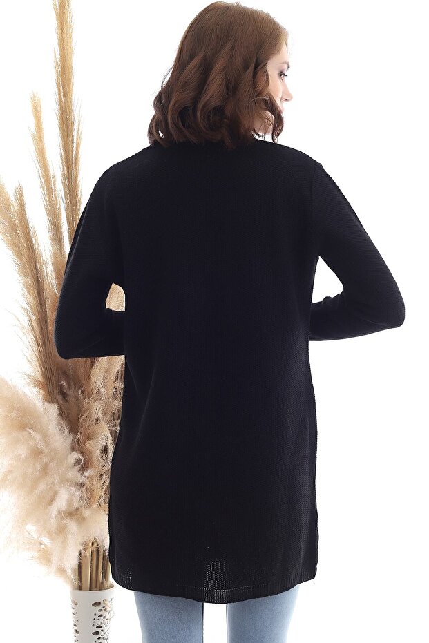 Kadın Siyah Kanguru Cep Triko Hırka - 5