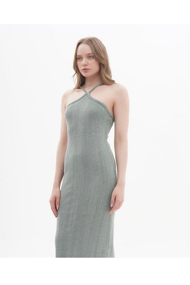 Halter Model, Haki, Eskitme Midi Elbise - 2