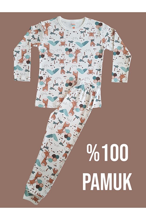 Long-Sleeved Patterned Kids Pajama Set #printedkidspajamas #laundrygarden #giraffepattern