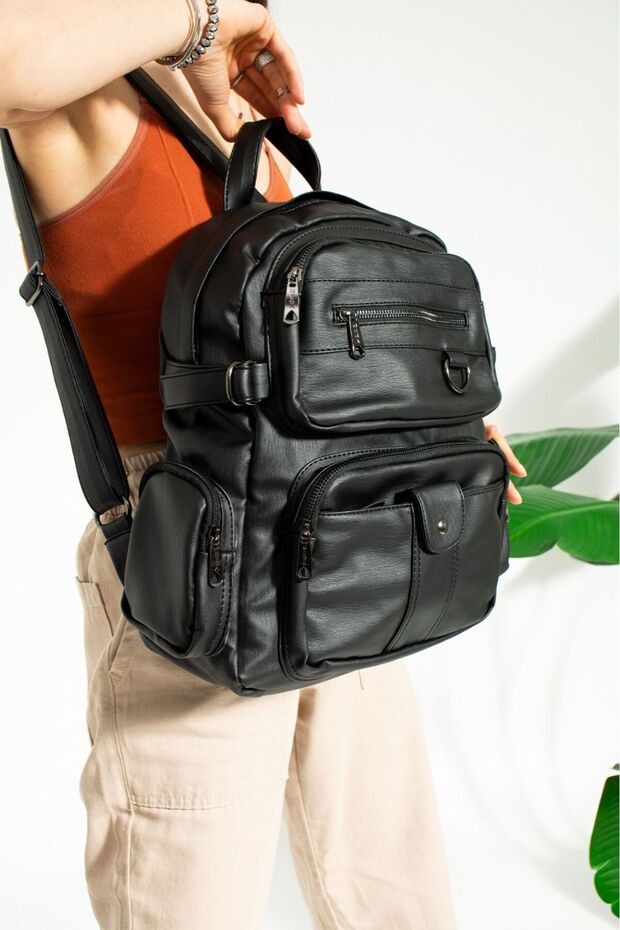 حقيبة ظهر جلدية - غسيل متعدد الأقسام - 1