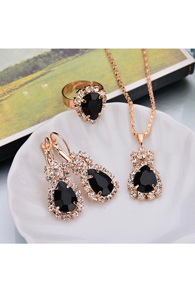 Aurora Crystal Stone Black Water Drop Necklace Earrings and Lover Gift Jewelry Set with Adjustable Ring