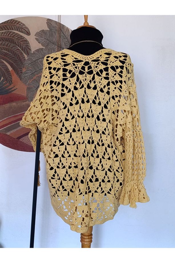 Sarı Koton Ip Tığ Dokuma Tasarım Dantel Hırka - 5