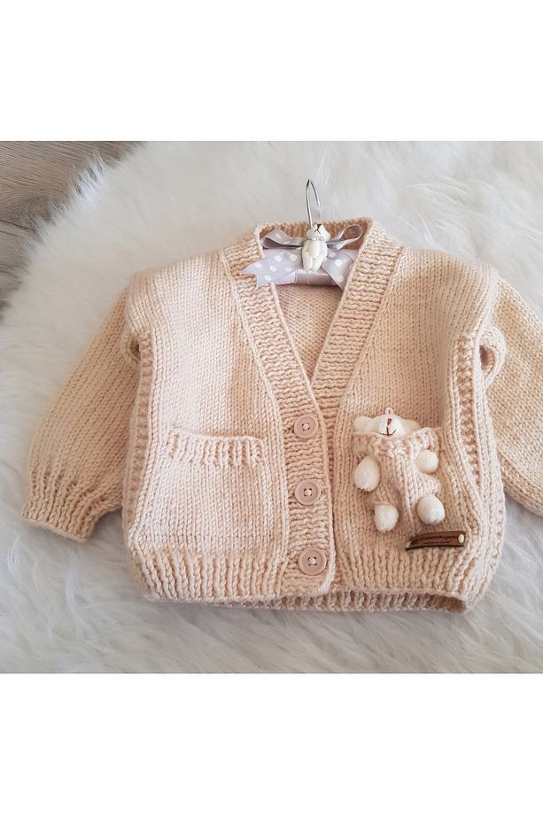 Ayıcıklı El Örgüsü Unisex Bebek Çocuk Hırka - 1