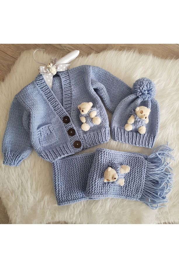Ayıcıklı El Örgüsü Unisex Bebek Çocuk Hırkası Bere ve Atkı Set - 1