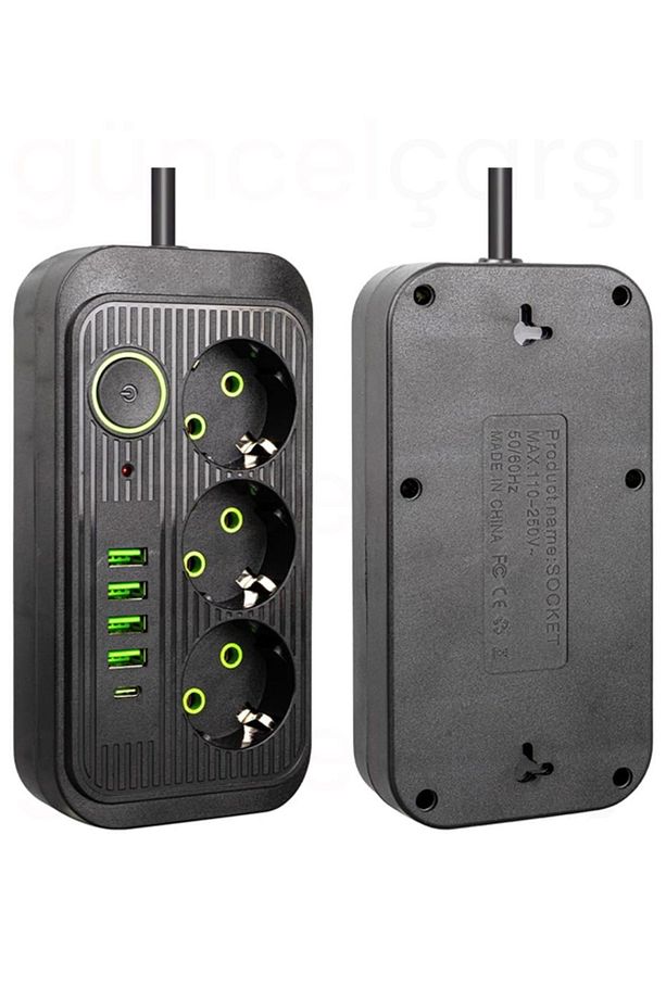 Akım Korumalı 3'lü Çoklu Priz, 4 Usb + 1 Type C Pd, 1.5 Mt Kablo, Üçlü Grup Priz - Siyah - 6