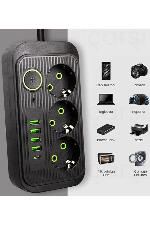 Akım Korumalı 3'lü Çoklu Priz, 4 Usb + 1 Type C Pd, 1.5 Mt Kablo, Üçlü Grup Priz - Siyah - 2