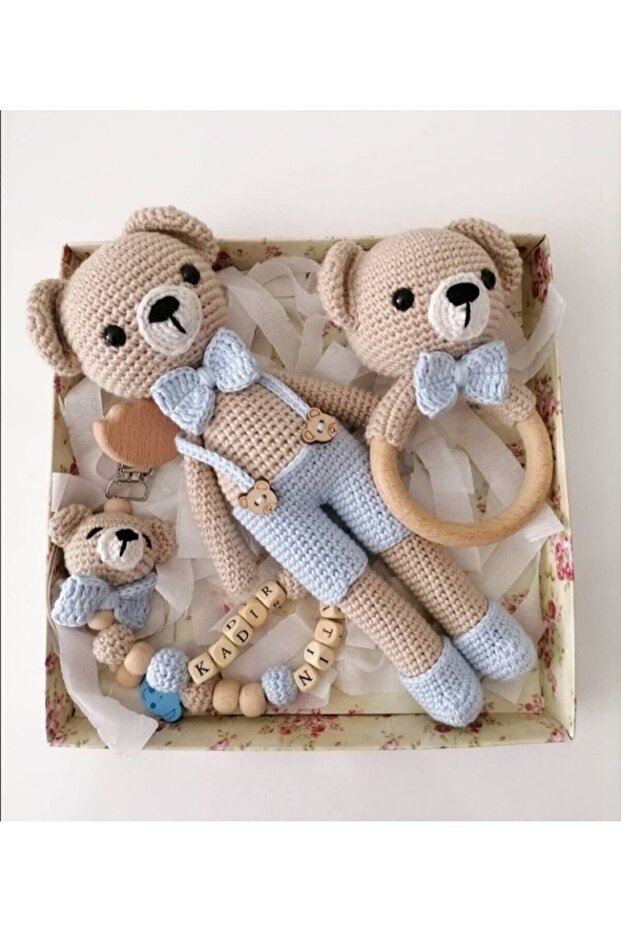 Amigurumi Organic Knitted Teddy Bear Set with Bow Tie