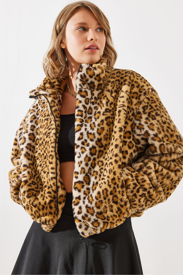 Women's Camel Leopard Patterned Faux Fur Coat 2426 60251795