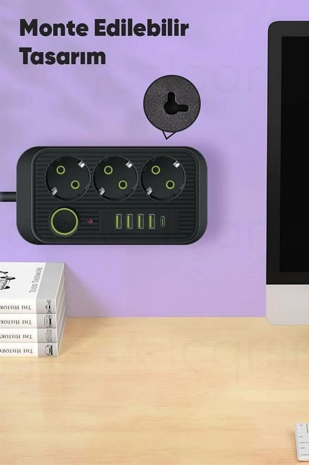 Akım Korumalı 3'lü Çoklu Priz, 4 Usb + 1 Type C Pd, 1.5 Mt Kablo, Üçlü Grup Priz - Siyah - 4